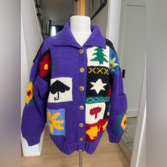 Handmade Sweaters - Motif Hand-Knit Wool Patchwork Cardigan Jacket – Purple – Size M (New)